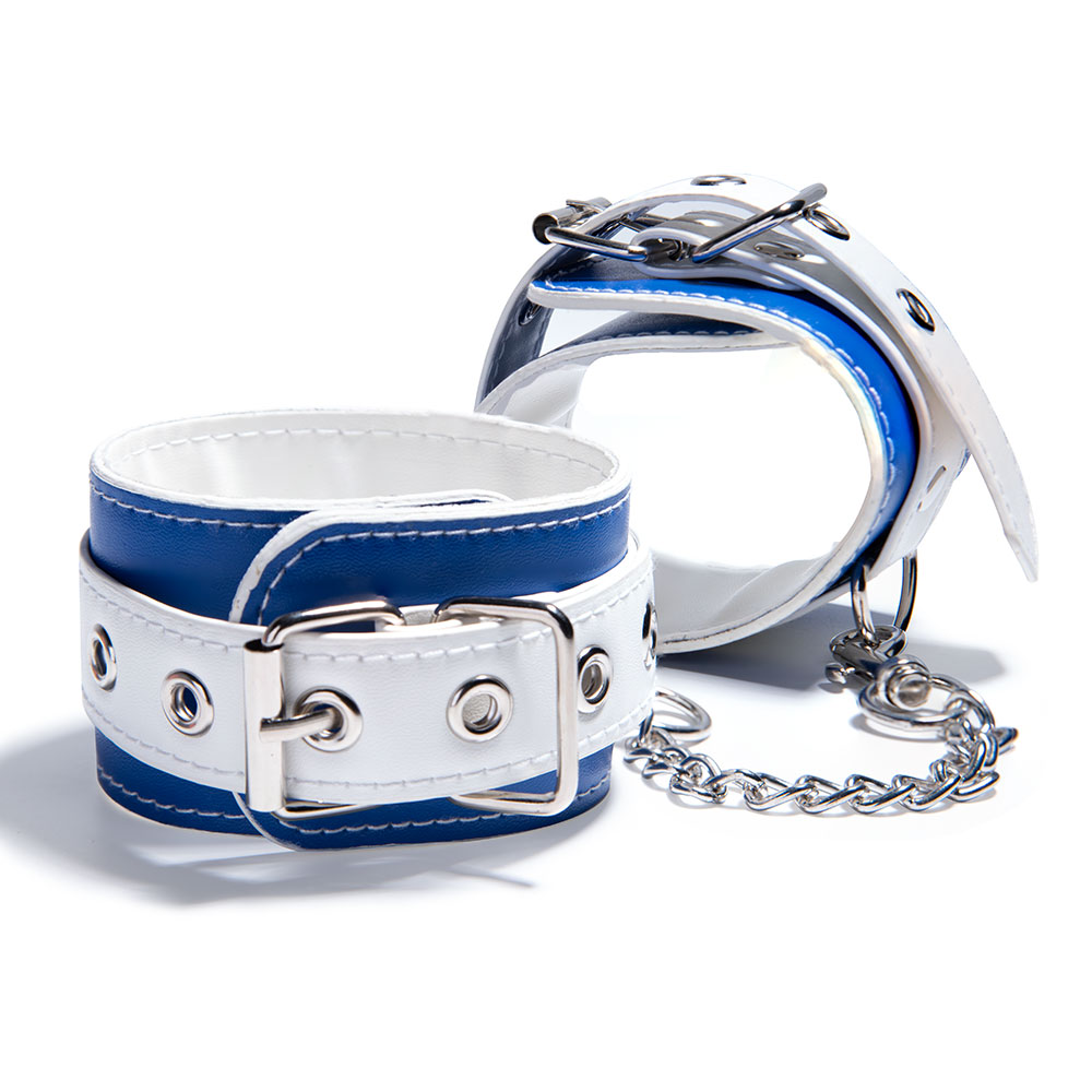 Weiche, verstellbare blaue und wei&szlig;e Handschellen SM-Bondage-Fesseln-Set