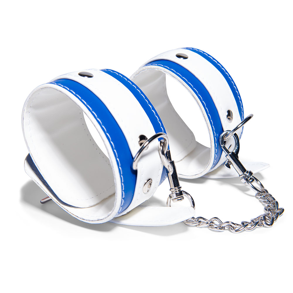 Weiche, verstellbare blaue und wei&szlig;e Handschellen SM-Bondage-Fesseln-Set