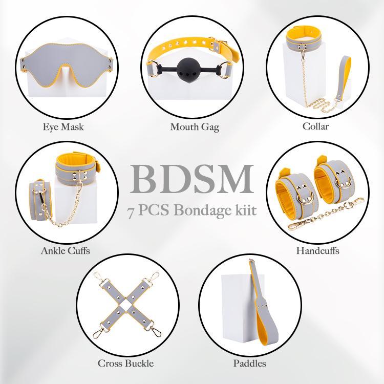 Kit bondage sadomaso in pelle PU giallo grigiastro elegante da 7 pezzi Set da sei pezzi per giochi bondage avventurosi per coppie