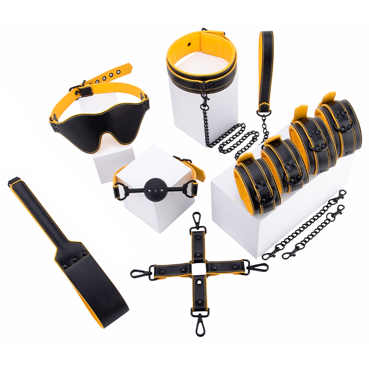 7-teiliges luxuri&ouml;ses gelbes PU-Leder-Bondage-SM-Spielzeug-Set, Handschellen, Fu&szlig;fesseln, Augenbinde, Mundknebel, Halsband und Spanking-Peitsche f&uuml;r Erwachsene, BDSM-Spiel