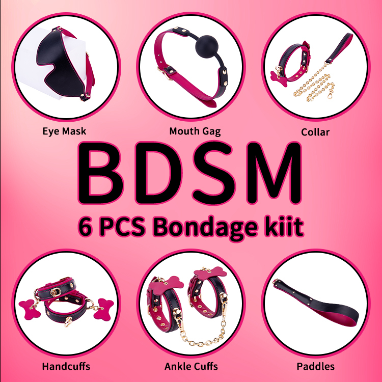 6-delige paarse en zwarte BDSM volwassen cosplay bondageset 6-delige collectie voor flirt- en SM-avonturen voor koppels