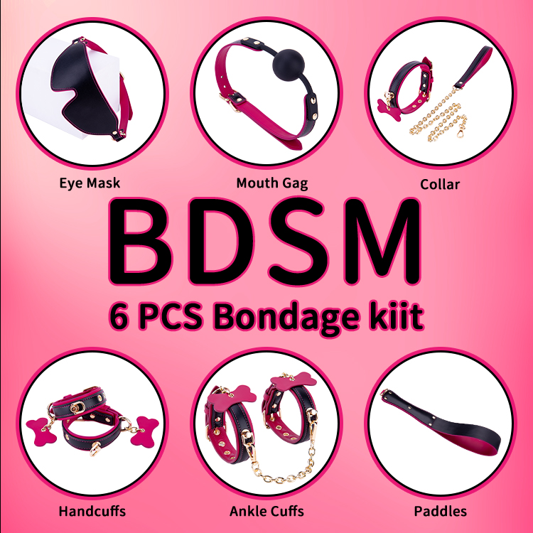 6-delige paarse en zwarte BDSM volwassen cosplay bondageset 6-delige collectie voor flirt- en SM-avonturen voor koppels