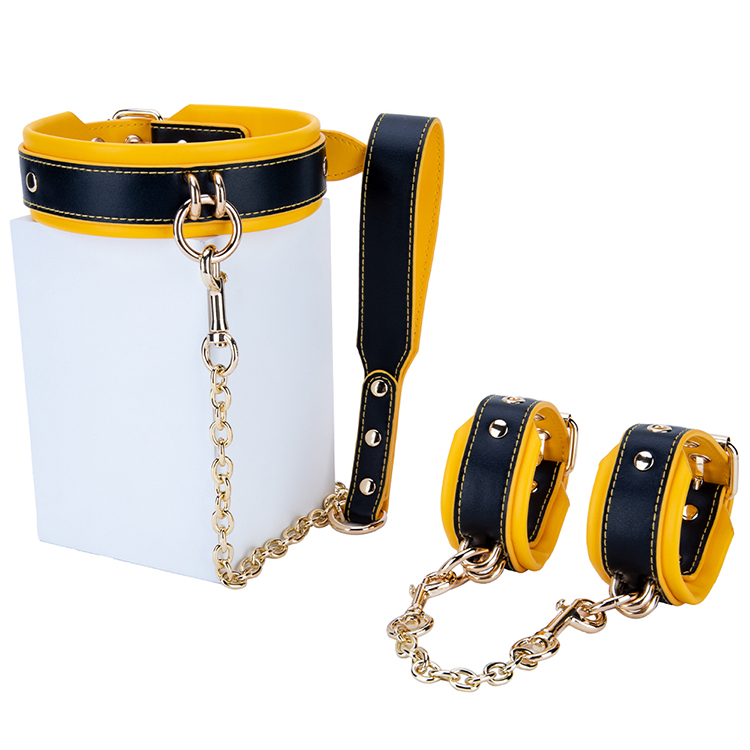 Kit bondage BDSM SM giallo e nero da 2 pezzi per adulti Set girocollo e manette per giochi di coppia sexy e giochi fetish bondage