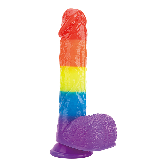 Masturbazione femminile con pene reale in gelatina morbida arcobaleno colorato 