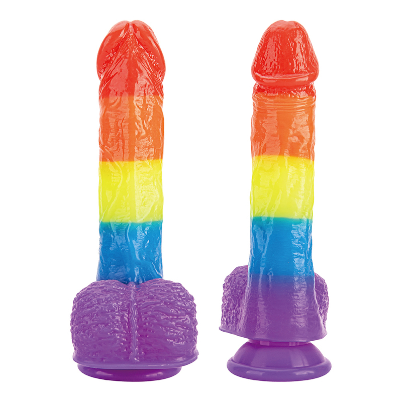 Masturbazione femminile con pene reale in gelatina morbida arcobaleno colorato 