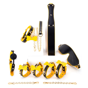6PCS 노란색과 검은 색 BDSM 성인 코스프레 속박 세트 커플의 유혹과 SM 모험을위한 6 조각 컬렉션