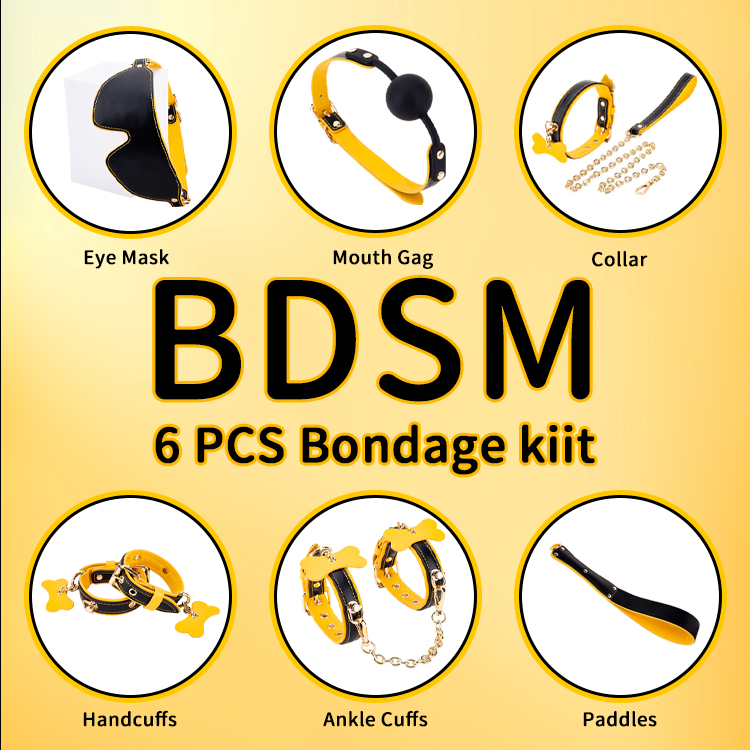 6 pezzi giallo e nero BDSM Bondage cosplay per adulti Set Collezione di 6 pezzi per flirt di coppie e avventure SM