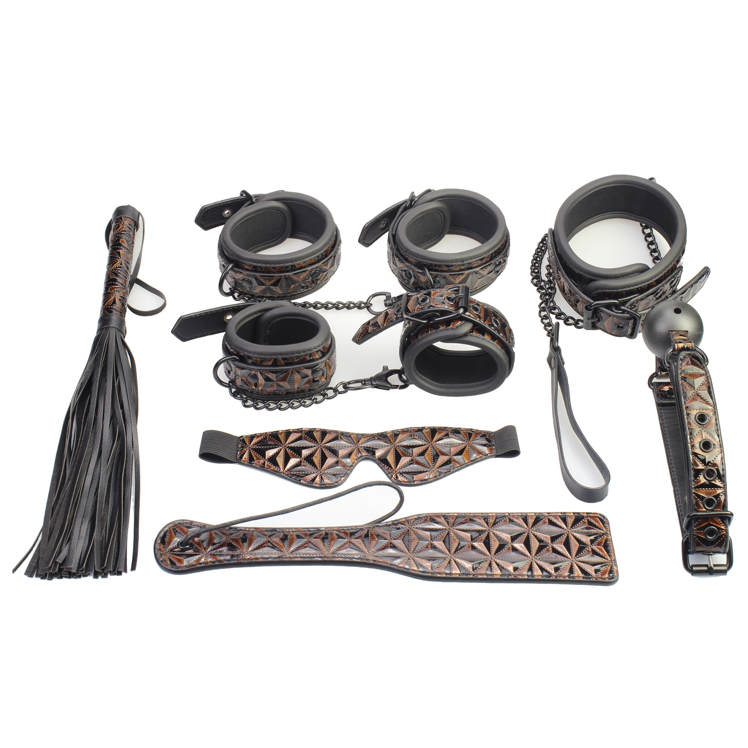 7PSC Orange Diamond Pattern Bondage Kit, een 7-delige set ontworpen om koppels de meest levendige fetisjfantasie&euml;n te ontketenen