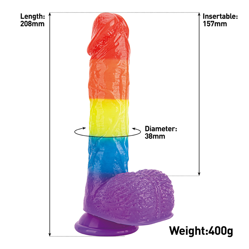 Masturbazione femminile con pene reale in gelatina morbida arcobaleno colorato 