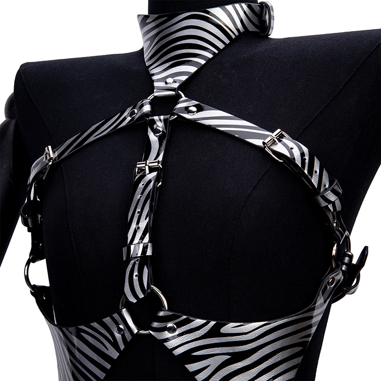 Set di bondage fetish con stampa zebrata Reggiseno con imbracatura per bondage al seno e gioco di fantasia con schiavo SM Dispositivo BDSM per adulti