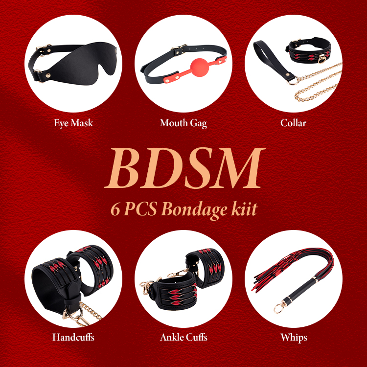 6PCS 가죽 본디지 키트 여성용 플러시 BDSM 섹스 토이 커플 SM 에로틱 게임 세트